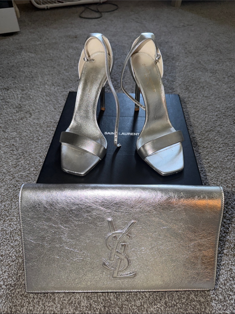 Saint Laurent Metallic Silver Amber Sandals & Belle Du Jour Clutch